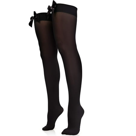 

Skeleteen Bow Accent Thigh Highs - Black Over the Knee High Stockings with Black Satin Ribbon Bow Accent for Women and Girls