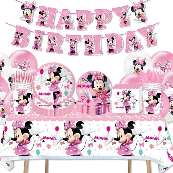 Minnie Party Decorations, Minnie Birthday Decorations & Minnie Party Tableware Set- Minnie Decorations Balloons Banner & Minnie Tablecloth Plates Cups Napkins etc