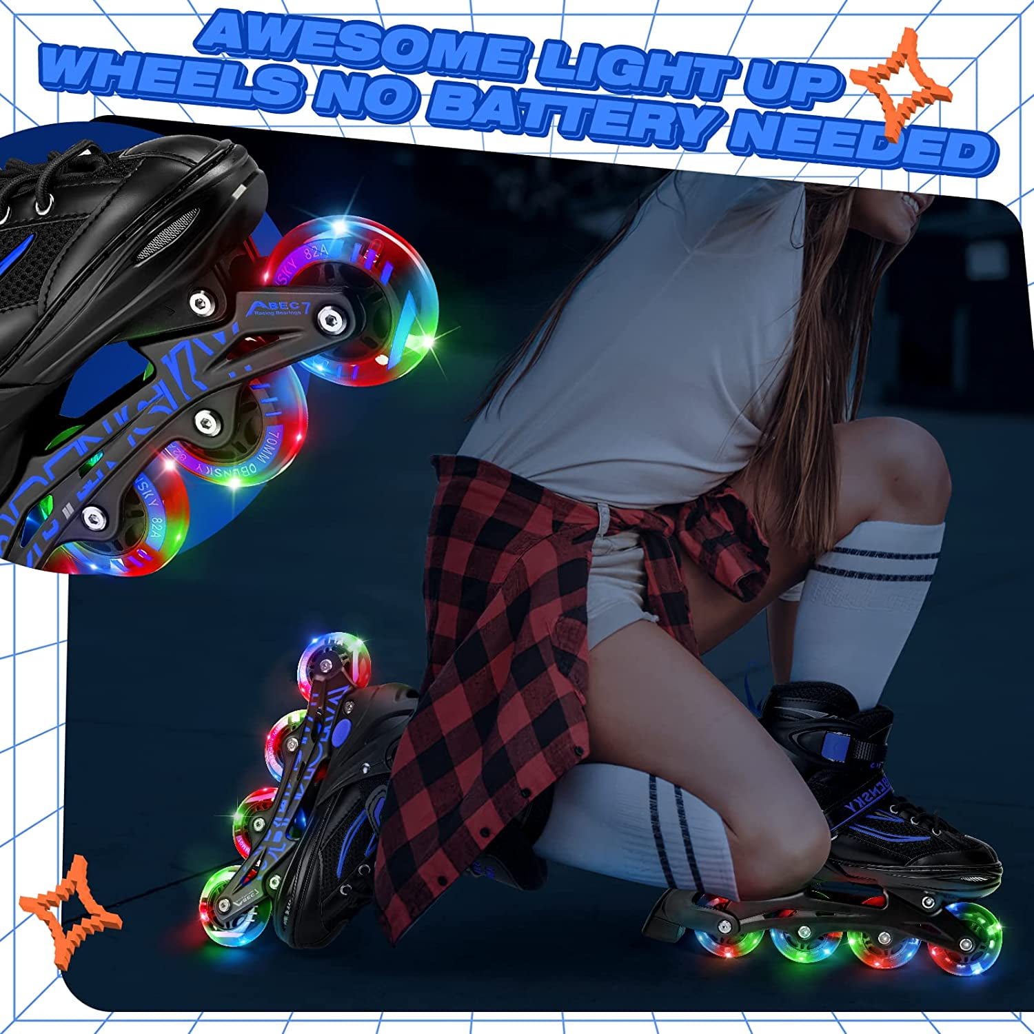 (2 pack) OBENSKY Adjustable Inline Skates, Illuminating Roller Blades for Kids,Girls&Boys Beginner w/ Light up Wheels-Blue