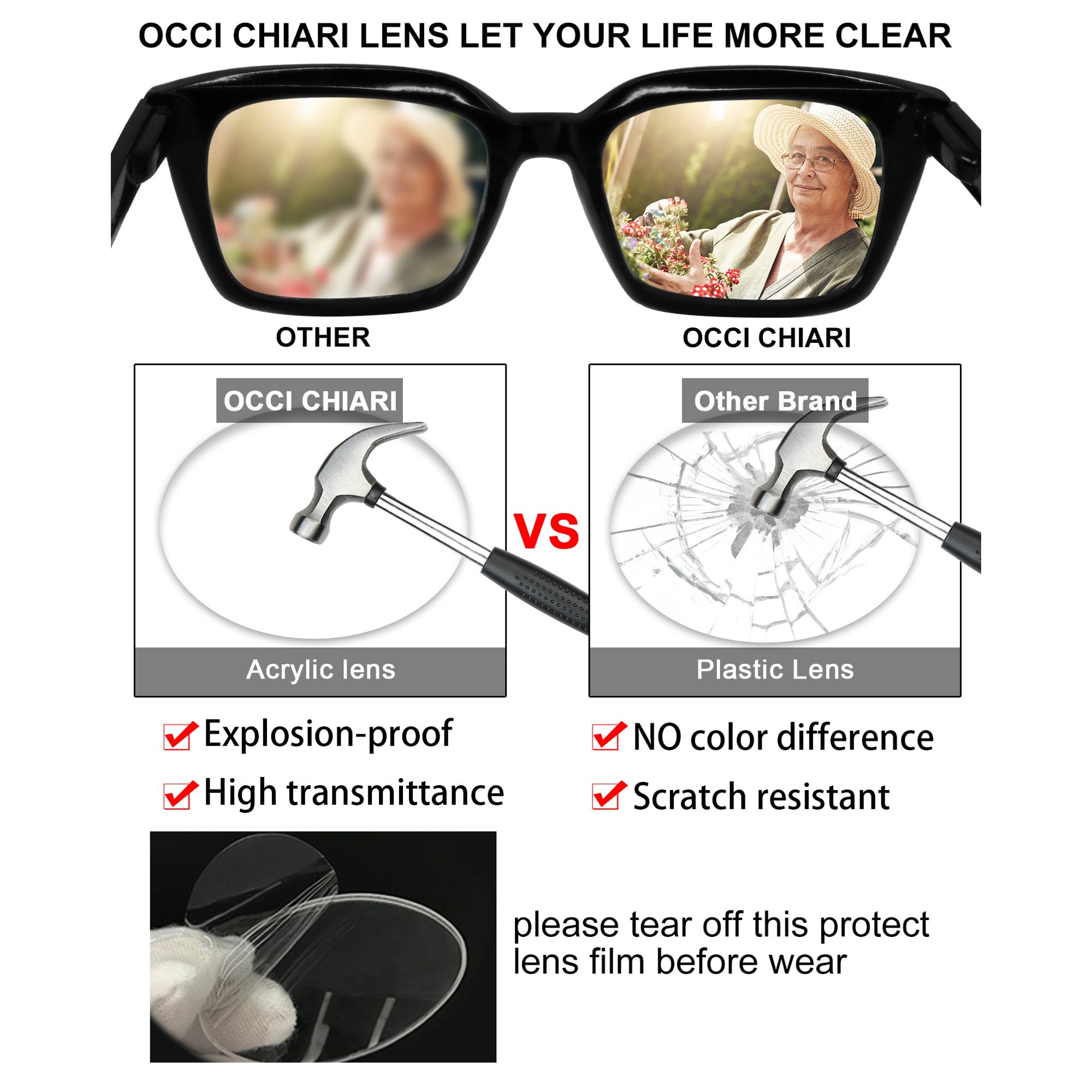 OCCI CHIARI 4.0 Reading Glasses Women Designer Reader 400(1.0 1.25 1.5 1.75 2.0 2.25 2.5 2.75 3.0 3.5 4.0) with Arylic Lens (Black, 400)