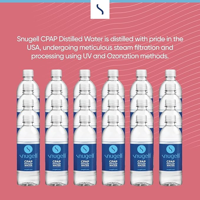 Distilled Water for CPAP Machines by Snugell (24-Pack, 16.9 oz) – Up to 60 Days Supply – Compact, Travel-Friendly, Clean and Multi-Use – Made in USA