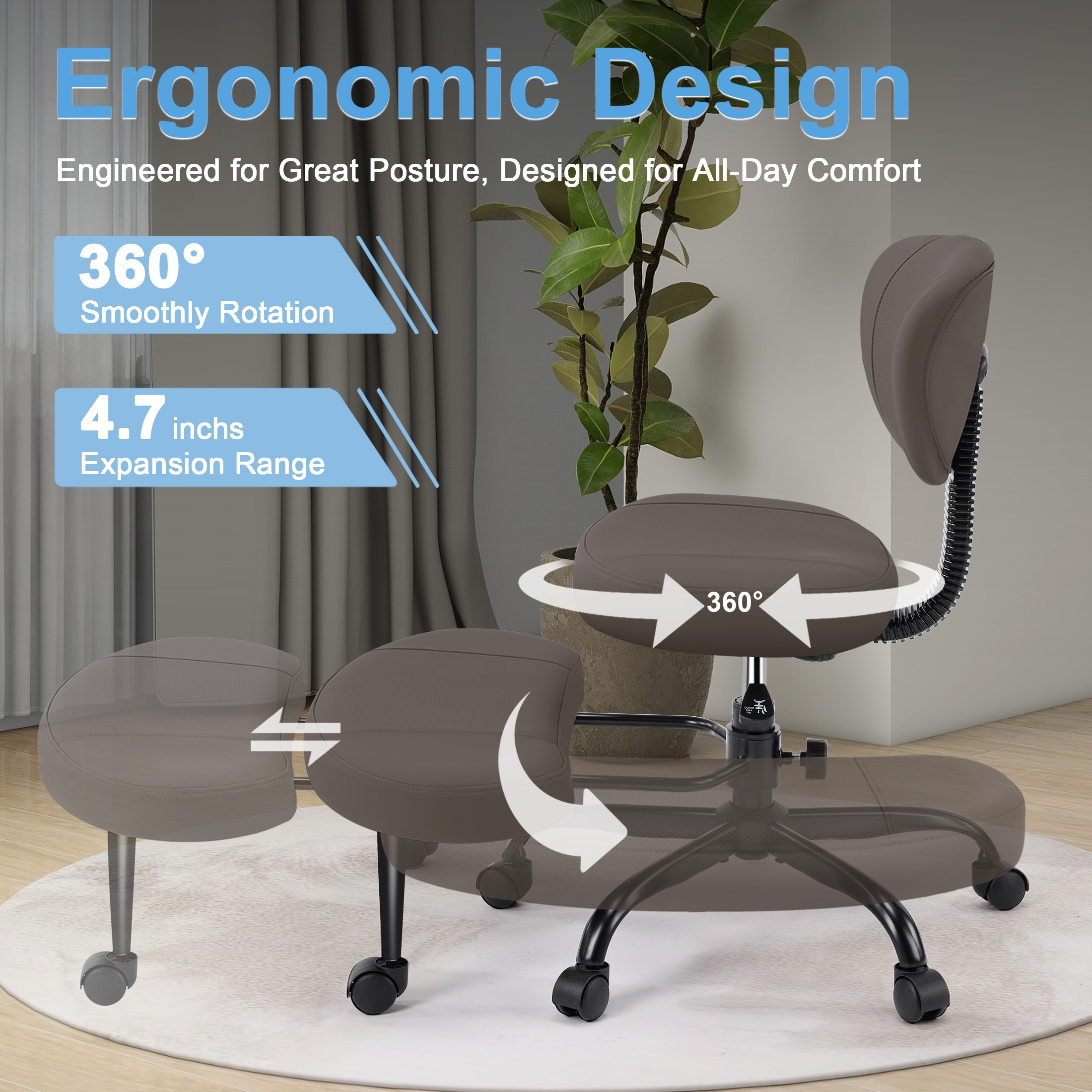 Dhole Kneeling Chair with Backrest - Ergonomic Office Chair for Cross-Leg Sitting, Adjust Height, 360° Rotating Footrest & Wheels, Posture Support for ADHD/Home Office/Meditation, Brown