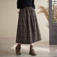 thumbnail image 4 of IWRICH Women's Vintage Plaid Pleated Wool Skirt Elastic Waist A-Line Midi Long Swing Skirt with Pockets Coffee L, 4 of 7