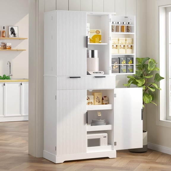 UZUGUL Fluted Large Kitchen Pantry Cabinet with 3 Keyboard Drawers and 6 Door Spice Racks, Freestanding Storage Cabinet  with Magnetic Doors,White