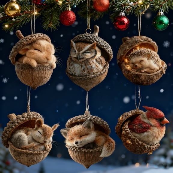 Forest Animal Acorn Ornaments Cozy Forest Christmas Ornaments, 2026 New Pine Cone Animal Decoration, Woodland Creature Hanging Ornament, Acrylic Hanging Ornament for Home Decor, 6PCS (2D Flat)