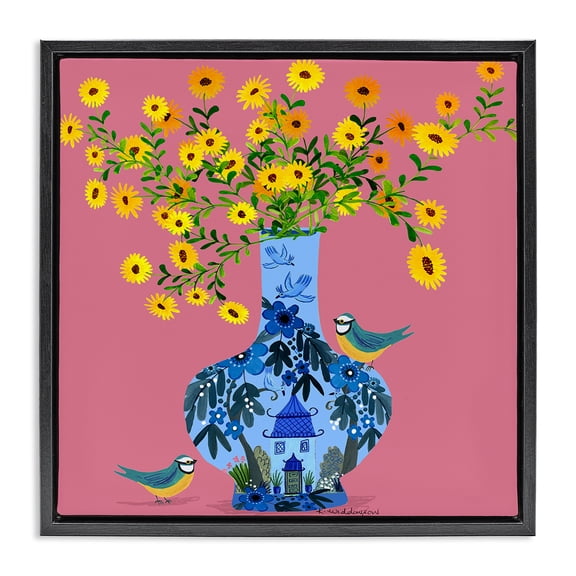 Stupell Industries Ornate Vase with Daisies Floral Painting Black Floater Framed Canvas Art Print Wall Art, 18 x 18