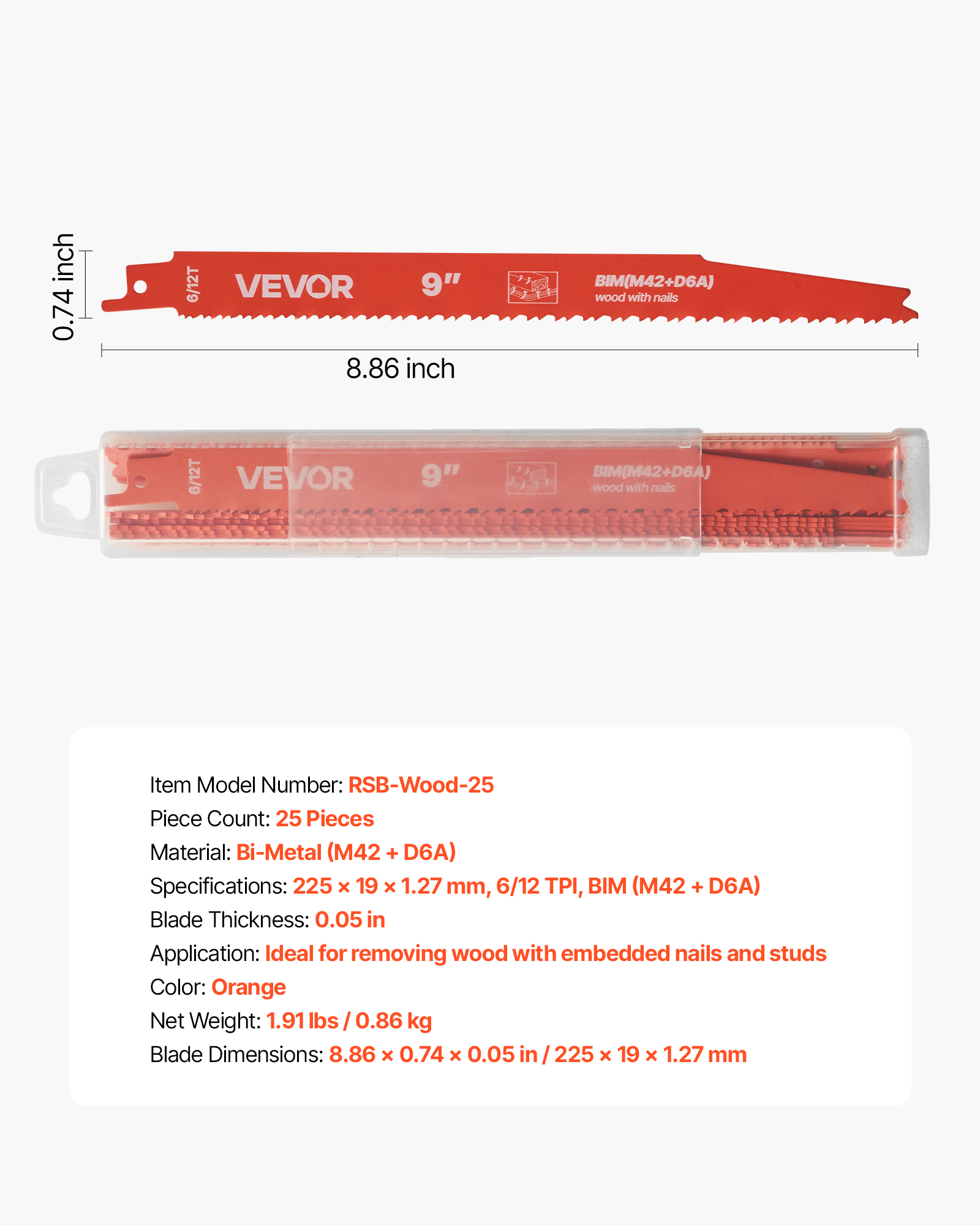 VEVOR Reciprocating Saw Blades, 25 Pack, 6/12 TPI Bi-Metal Reciprocating Saw Blade Set with Universal Shank, Sharp Teeth for Fast and Smooth Cuts, for Wood and Nail-Embedded Wood Demolition, Orange