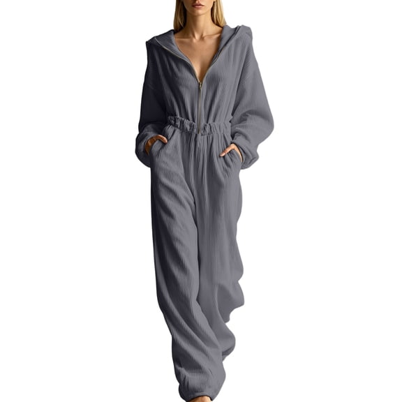 Edvintorg Casual Jumpsuits for Women Plus Size Fashion Fleece Long Sleeve Hooded Zip up Jumpsuit with Wide Leg Pant One Piece Women's Clothing S-3XL Gray
