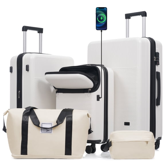 Euroco 5 Piece Luggage Sets, 20" Carry-On Luggage with Half-Opening & USB Port, 20/24/28inch Lightweight Travel Suitcase Set with TSA Lock, Double Spinner Wheels & 2 Travel Duffel Bags,White