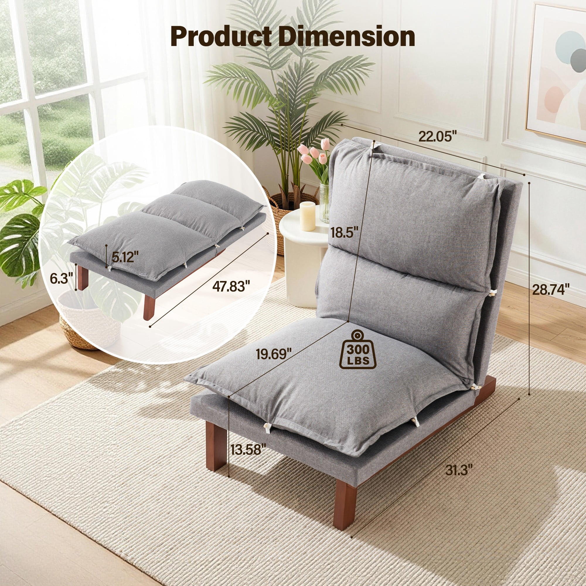 AENKYO 5-Position Adjustable Floor Lounge Chair, Gray Linen Tatami Recliner with Solid Wood Legs for Living Room