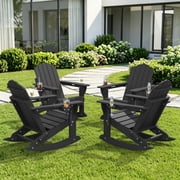 Set of 2 HDPE Adirondack Rocking Chairs with Ottoman, Folding 4-in-1 Patio Rocker, Gray