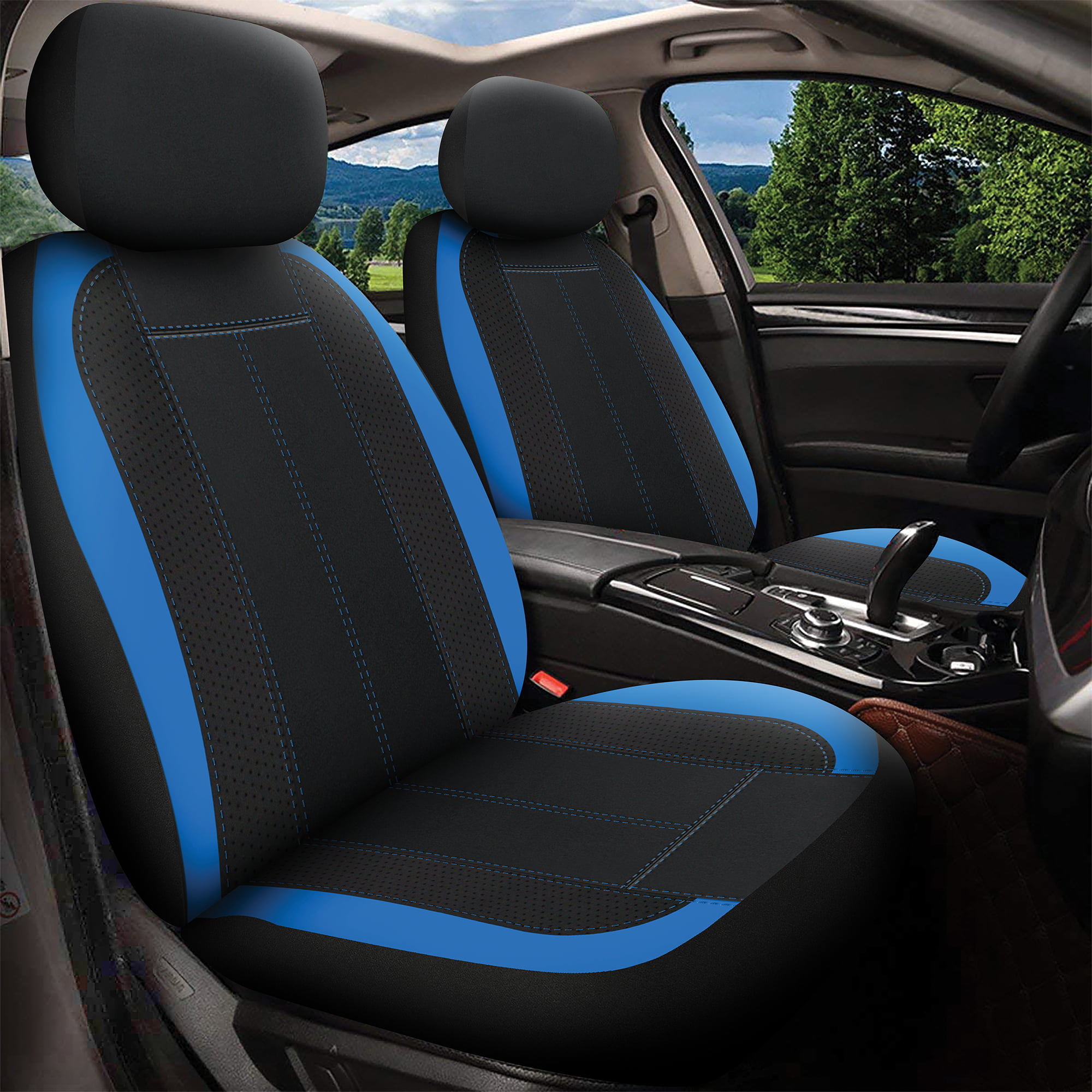 Auto Drive 2 Piece Seat Covers and Headrest Covers, Black and Blue