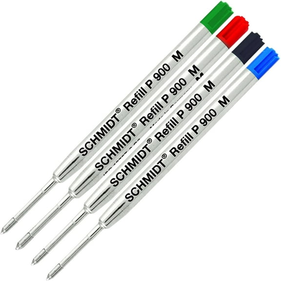 Schmidt P900 Black, Blue, Green, Red Parker Style Ballpoint Refill, Medium Tip 0.7mm - Pack of 4