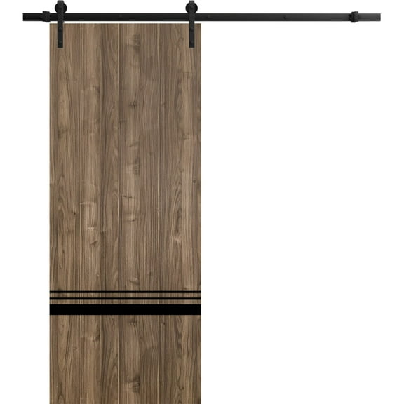Sturdy Barn Door 18 x 80 inches | Planum 0012 Walnut with Frosted Glass | 6.6FT Rail Hangers Heavy Hardware Set | Solid Panel Interior Doors