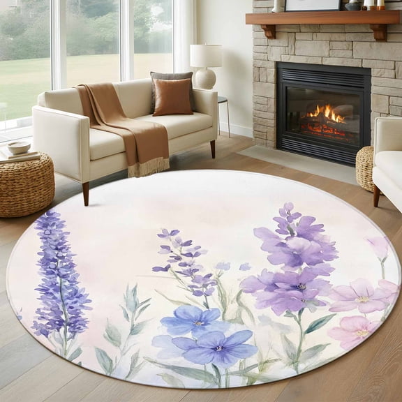 Lavender Spring Round Area Rug 5 FT, Non Slip Bedroom Rugs, Farmhouse Pastoral Pastel Flowers Washable Soft Circular Carpet Non-Shedding Floor Mat for Kitchen Dining Room Foyer Balcony Dorm