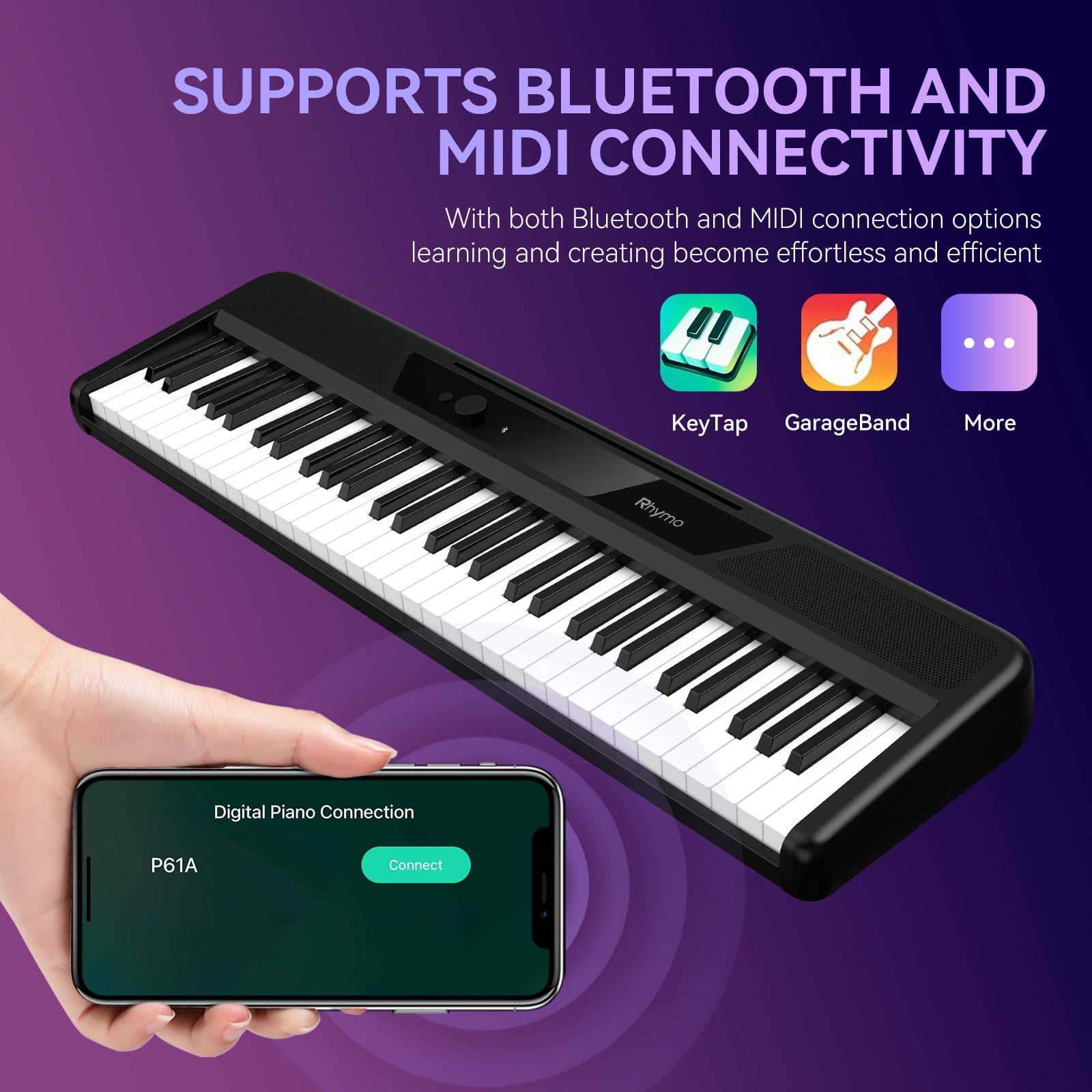 Rhymo 61 Key Smart Piano Keyboard with Light up Keys,Learning Keyboard for Beginners, Velocity Sensitive Electric Piano Keyboard & App Learning(Black)