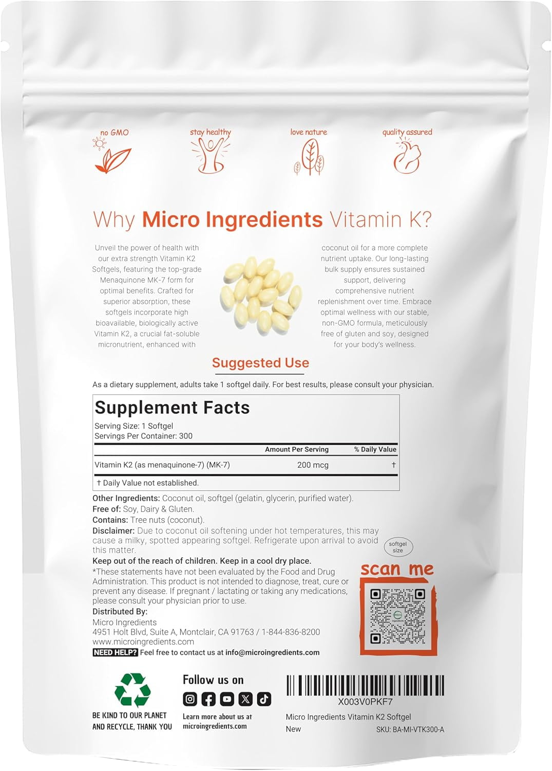 Vitamin K2 MK-7 Supplement, 200 mcg Per Serving, 300 Coconut Oil Softgles | Immune, Joint, & Heart Support | Non-GMO