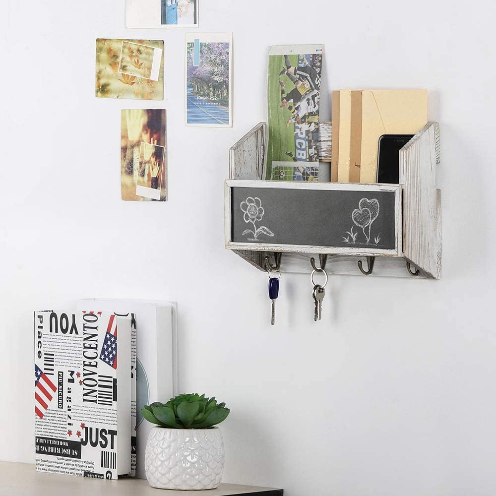 Oumilen Wall Mount Mail & Key Holder Organizer with 4 Key Hooks Whitewash