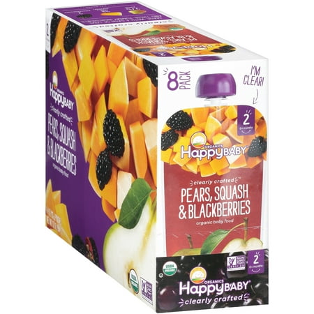 (8 Pack) Happy Baby Organics Pears, Squash & Blackberries Organic Stage 2 Baby Food, 4