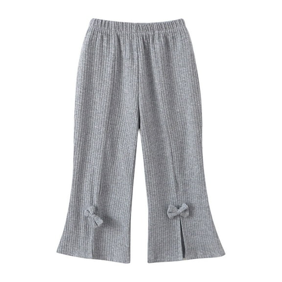 Wuxian Boys Pants Solid Color Ribbed Knitted Flared Pants Split Hem With Bow Leisure Slim Fit Stretchy Trousers Pants For Girls,Grey,2-3 Years