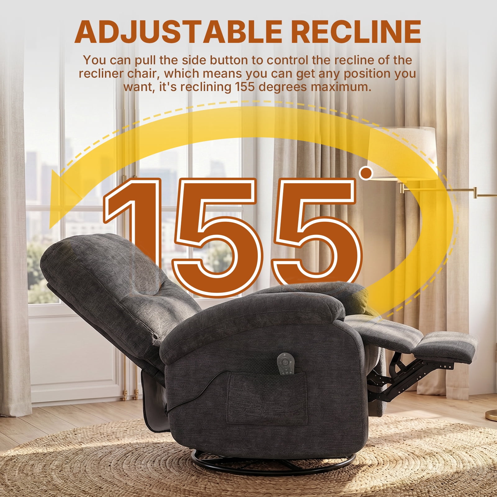 360 Swivel Manual Recliner Chair with Heat and Massage, Overstuffed Comfy Ergonomic Recliner for Elderly Seniors, Lumbar Back Pain Relief w/Pockets, Home Theater Living Room, Black