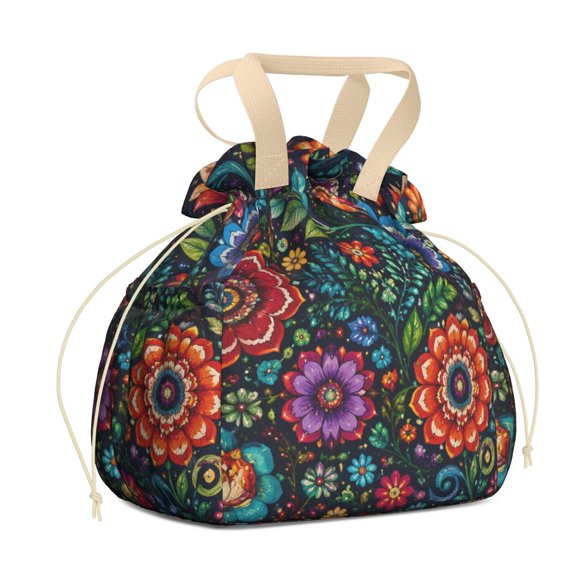 Boho Reusable Lunch Sack Drawstring Bag Polyester Lightweight Office Picnic Hike