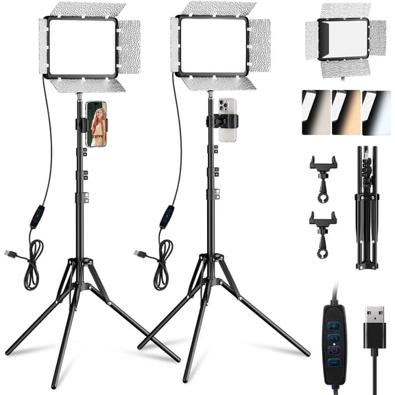 EMART LED Photo Light Kit 2 Pack, Studio Light with 60'' Tripod & Phone Holde, Upgrade 2800-7000K Dimmable for Video Recording