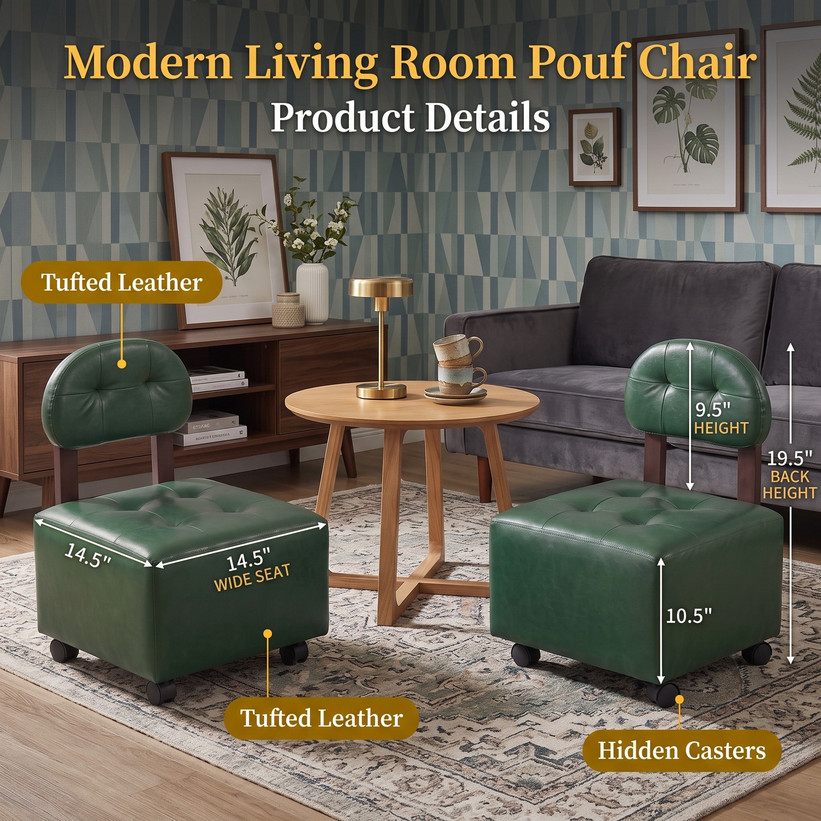 Furnibear Small Rolling Footrest Stool Set of 2 with Lockable Swivel Wheels, Faux Leather Backrest Footstool Ottoman for Living Room Bedroom Entryway, 330 lbs, Green