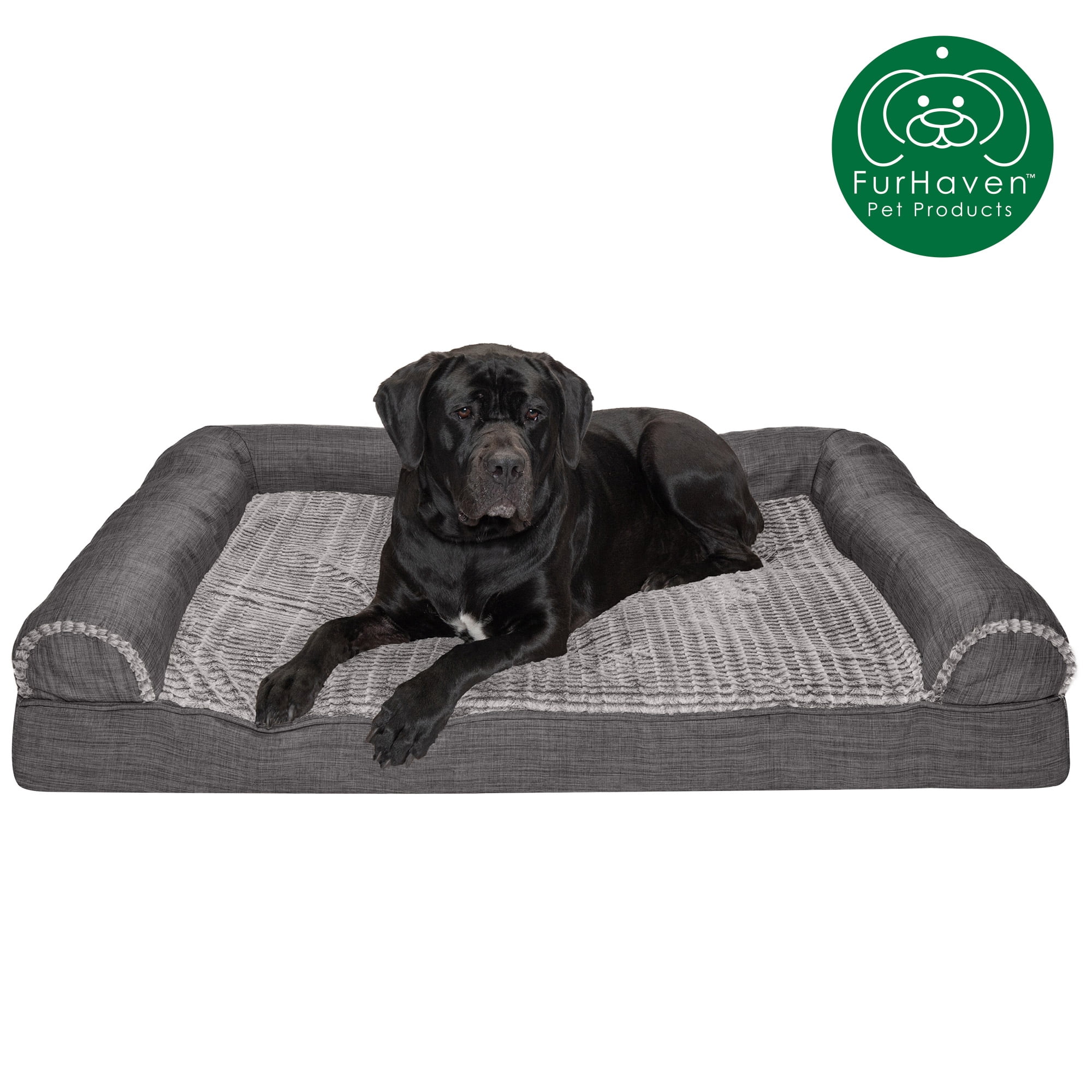 FurHaven Pet Products Luxe Fur & Performance Linen Cooling Gel Top Sofa Pet Bed for Dogs & Cats - Charcoal, Jumbo Plus