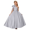 thumbnail image 3 of Jinhomg Girls One Shoulder Formal Maxi Dress Junior Bridesmaid Bow Shoulder Satin Dresses Flower Girl Wedding Guest Ball Gown 2-14 Years Silver, 3 of 7
