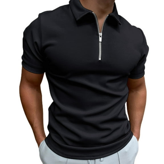 SWSMCLT Mens Soft Polo Shirt Summer Half Zip Tops Short Sleeve Quarter Zip Up Basic Fashion Cotton Thin Metal Black Small