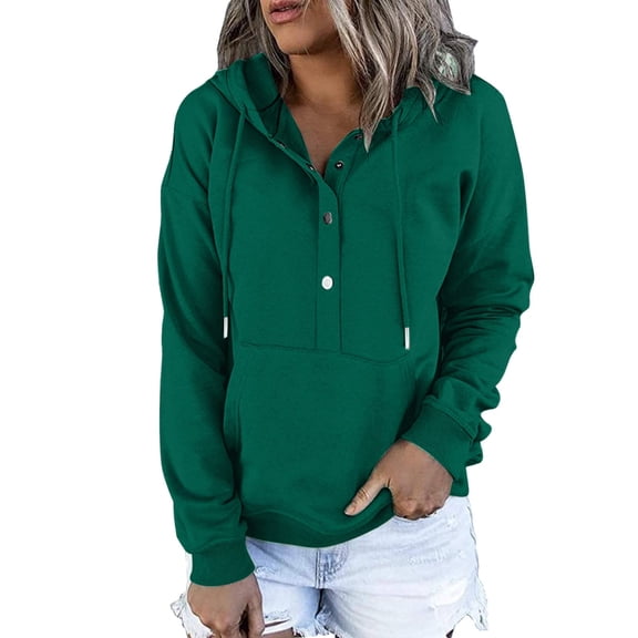 Womens 2026 Hooded Button Collar Drawstring Hoodies Pullover Sweatshirts Casual Long Sleeve Tops Loose Shirts