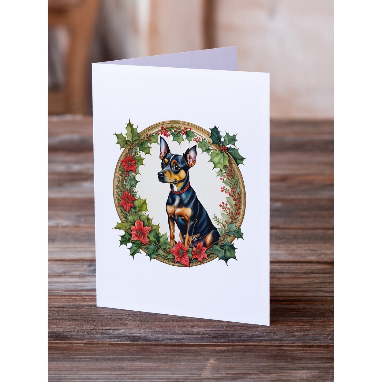 Miniature Pinscher Christmas Flowers Greeting Cards Pack of 8 7 in x 5 in