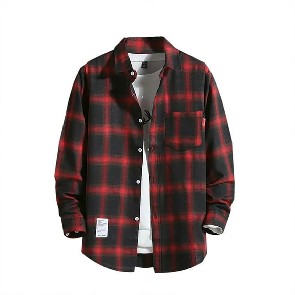 LiJinLong Mens Dress Shirts Button Up Shirt Black and White Plaid Shirt Long Sleeve Flannel Plaid with Pockets Lightweight Casual Shirt, Red L
