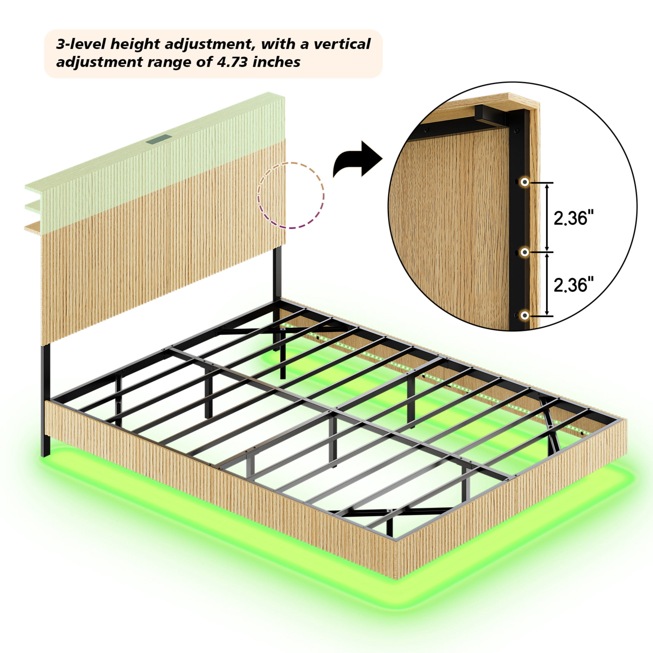 Noble House Modern Queen Floating Bed Frame with Charging Station, LED Lights & Wavy Headboard, Oak