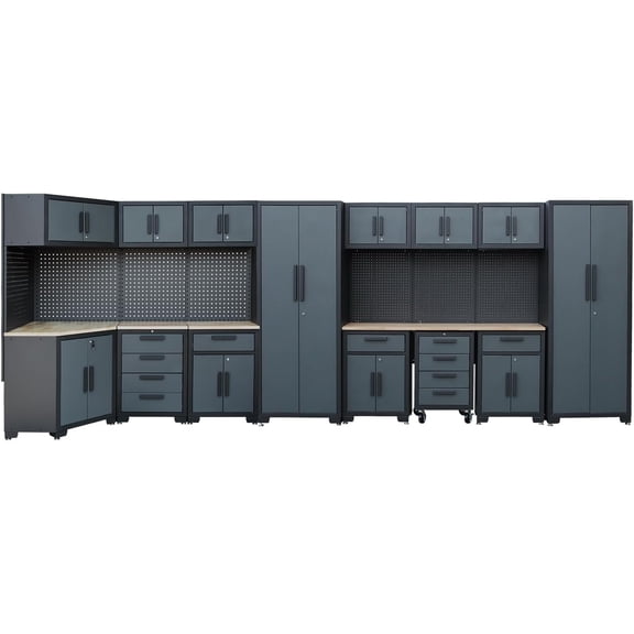HPDMC 17-Piece Garage Storage Cabinet System - Heavy Duty Steel Workshop Organizer with Corner Cabinet, Workbench & Pegboard - Black & Grey