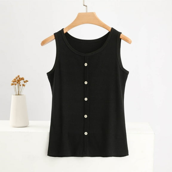 QUNYINEY Camisole Womens Tank Tops Sleeveless Solid Casual Crew Neck Tops Button Loose Summer Tank Tops