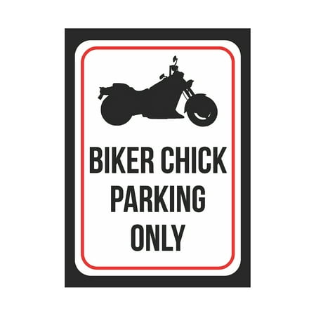 Biker Chick Parking Only Print Black And White Black Plastic Picture Symbol Small Signs, 7.5x10.5 Inch
