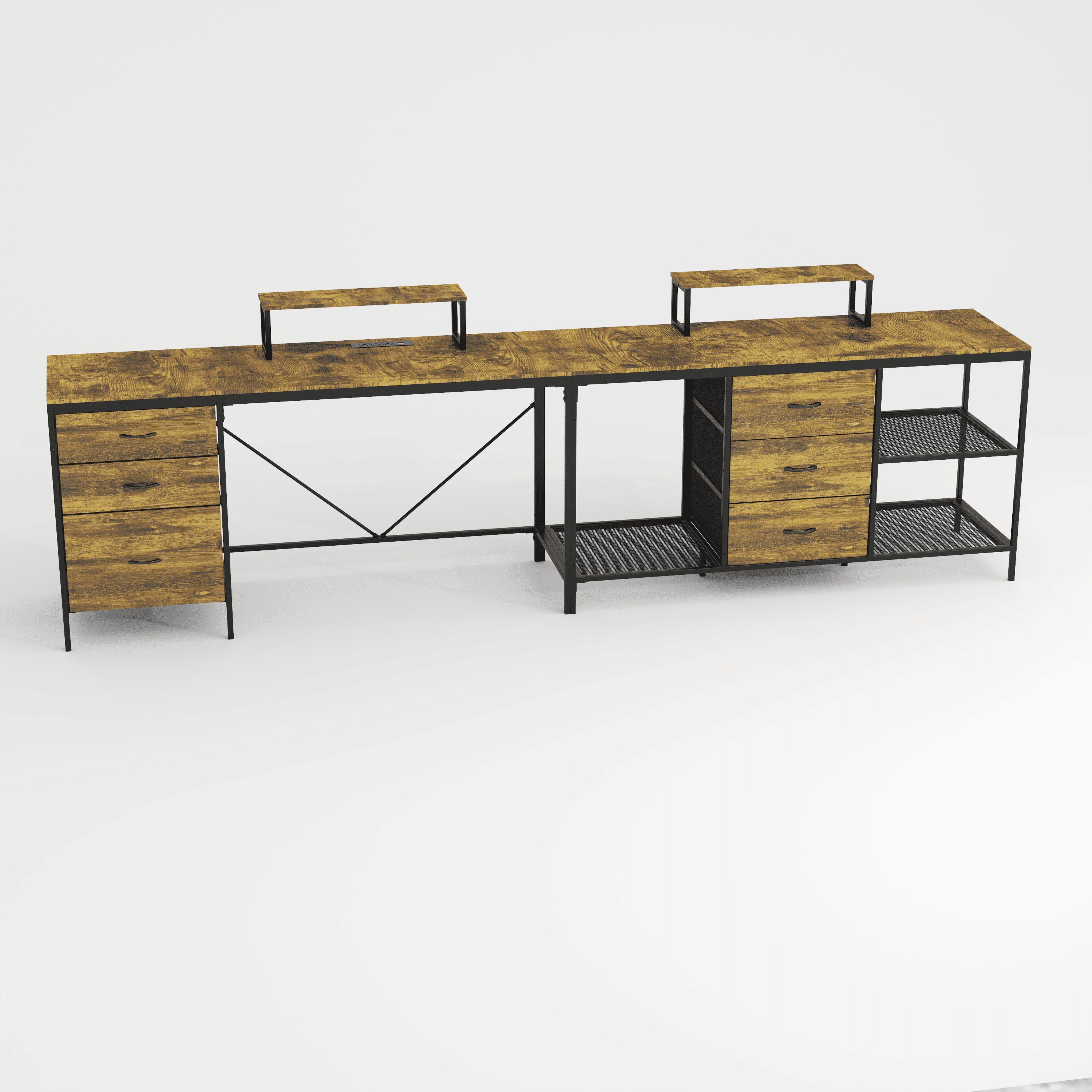 L-Shaped Desk with Power Outlets and USB-C, 114 in Corner Computer Desk with 6 Fabric Drawers, 3 Open Shelves, Movable Monitor Stands, Steel Frame, for Home Office and Gaming