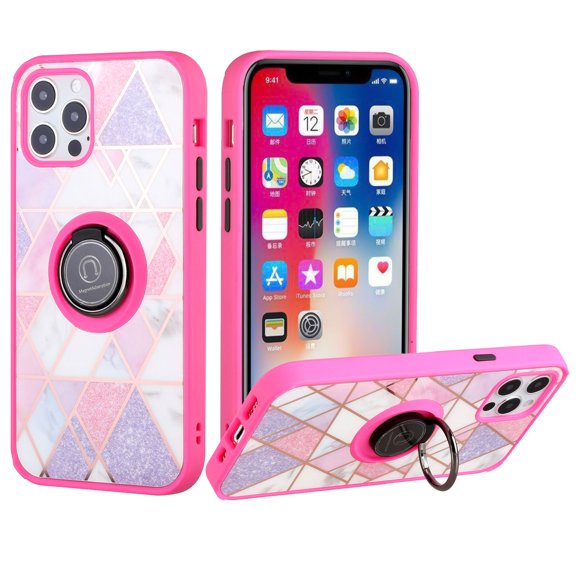Bemz Ring Series Case for iPhone 14 Pro Max (TPU Silicone Cover with Magnetic Stand) - Pink on Purple Marble