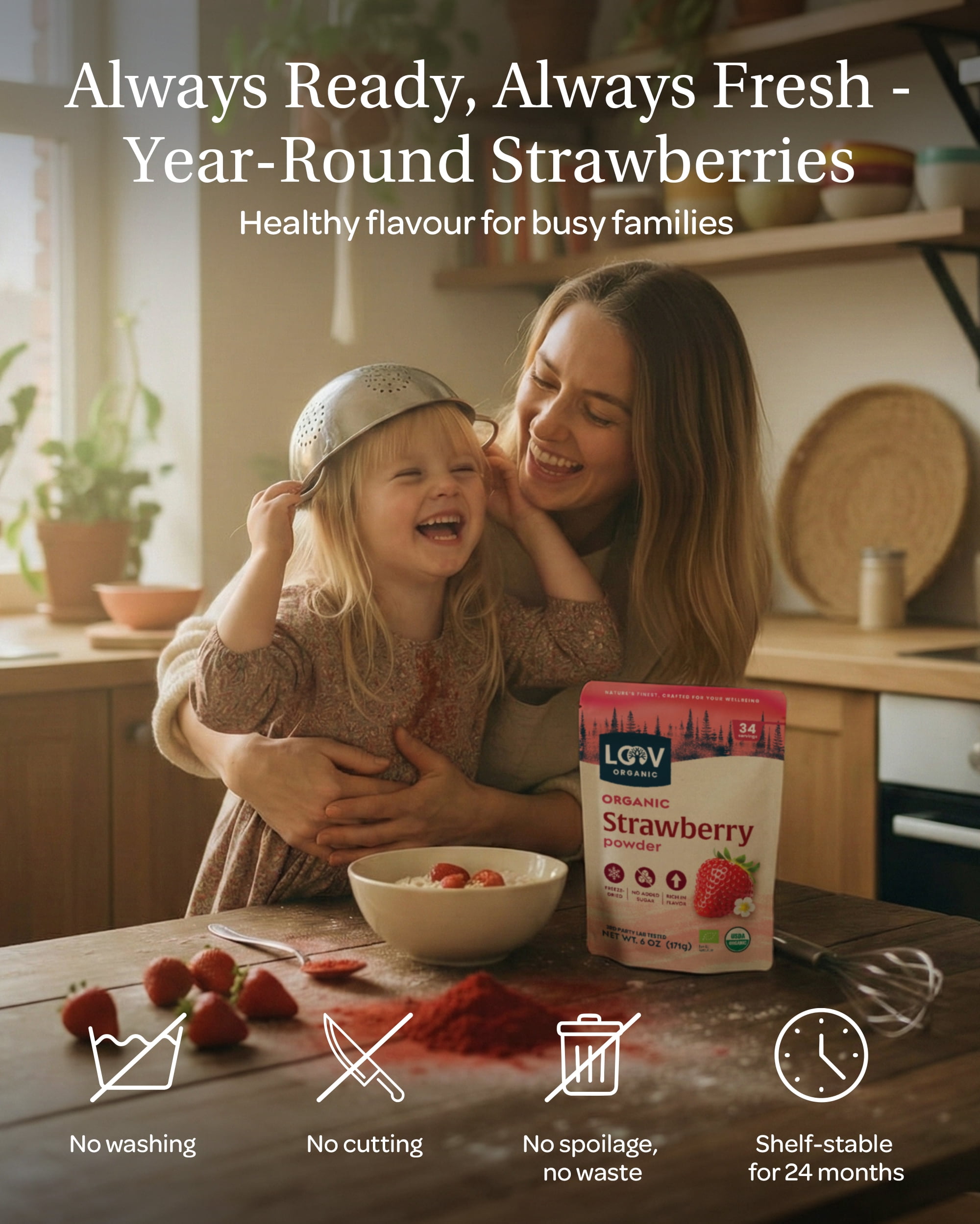 LOOV Organic Strawberry Powder, 171 g (6 oz), Freeze-Dried, No Added Sugar
