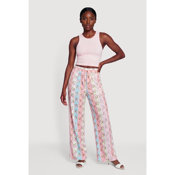 Women's Striped Floral Print Wide Leg Casual Pants