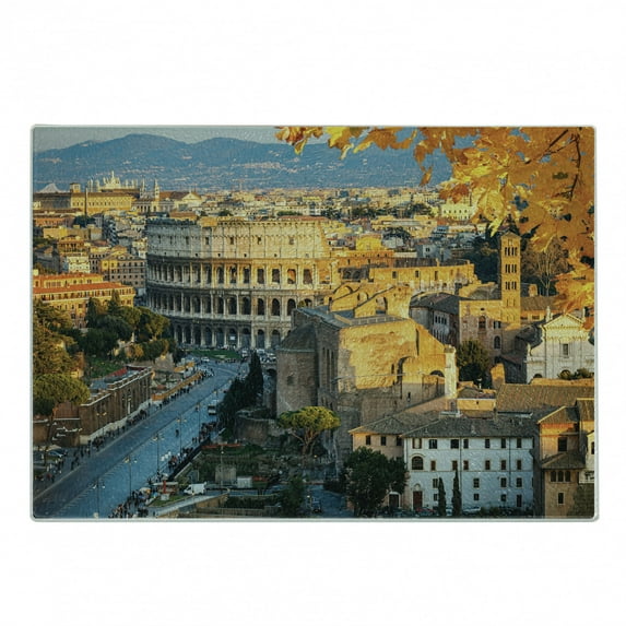 Italy Cutting Board, Colosseum in Rome Amphitheater Historical Architecture Evening, Decorative Tempered Glass Cutting and Serving Board, Small Size, Marigold Ivory Pale Blue, by Ambesonne