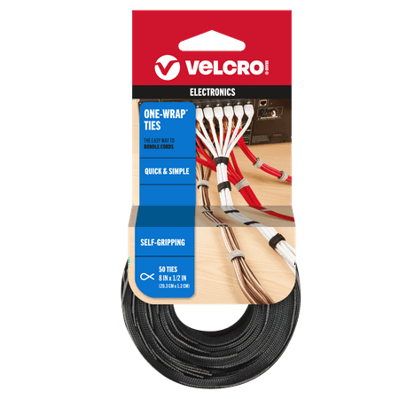VELCRO Brand ONE-WRAP® Ties Reusable Light Duty, 8" x 1/2" Ties, 50 Count, Black/Gray