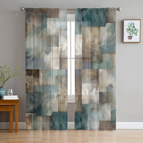Blue Brown Geometric Sheer Curtains 72 Inch Length 2 Panels Set for Living Room/Bedroom, Modern Ombre Abstract Art Semi Curtain Sheers Drapes Rod Pocket Curtains Window Treatment Set 52''x72''x2