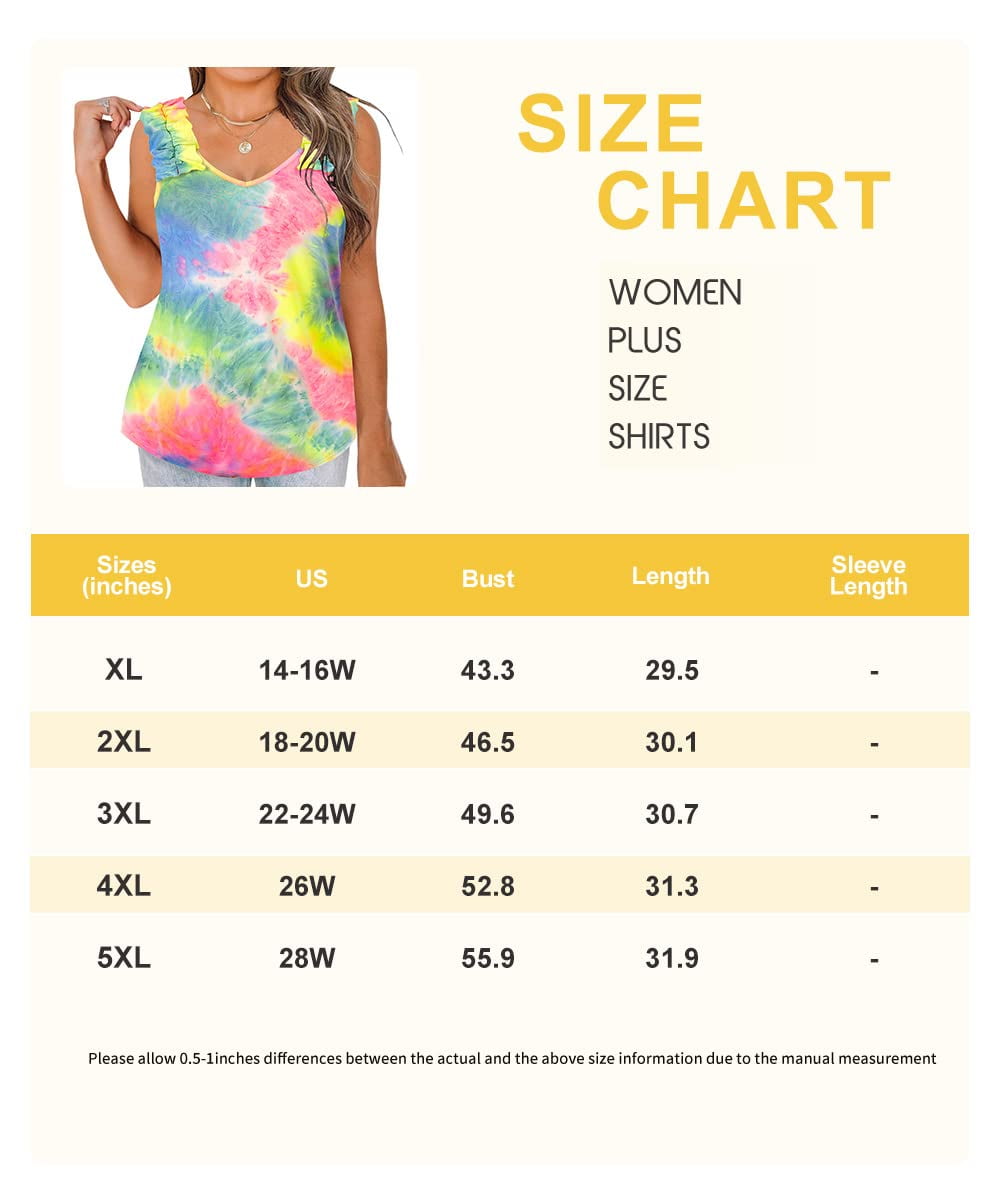 TIYOMI Plus Size Tank Tops For Women Summer Tie Dye Rainbow Ruffle Pullover  V Neck Tank Tops XL 14W 16W 