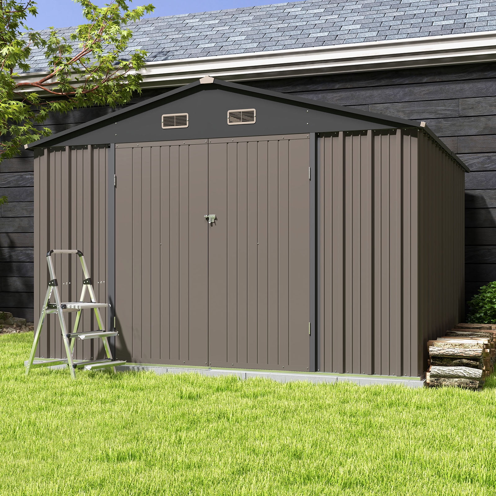 Patiowell 10 x 10 ft Outdoor Storage Metal Shed with Sloping Roof and Double Lockable Door