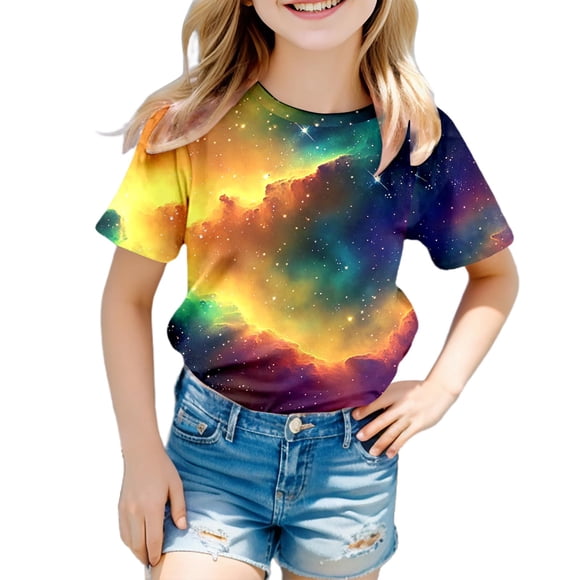 Tween Girls T Shirts Galaxy Short Sleeve Crew Neck Fancy Top Teenager 3D Print Glitter Tops Carnival Clothes for Kids Size 10-11T