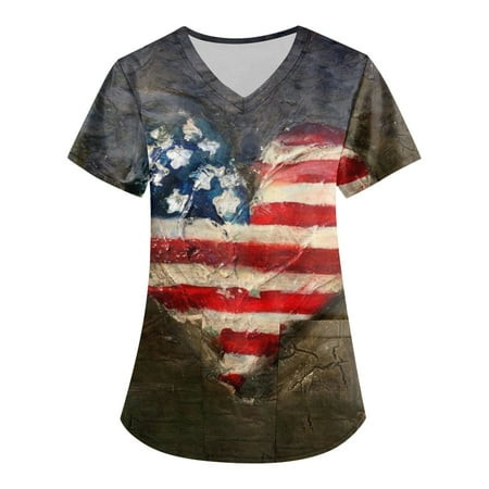 

Alrise Indepence Day Shirt Plus Size Retro Independence Day Printed Scrub Working Uniform Tops For Women Cross V-Neck Short Sleeve Fun T-Shirts Workwear Tee With Pockets Multicolor 5X-Large