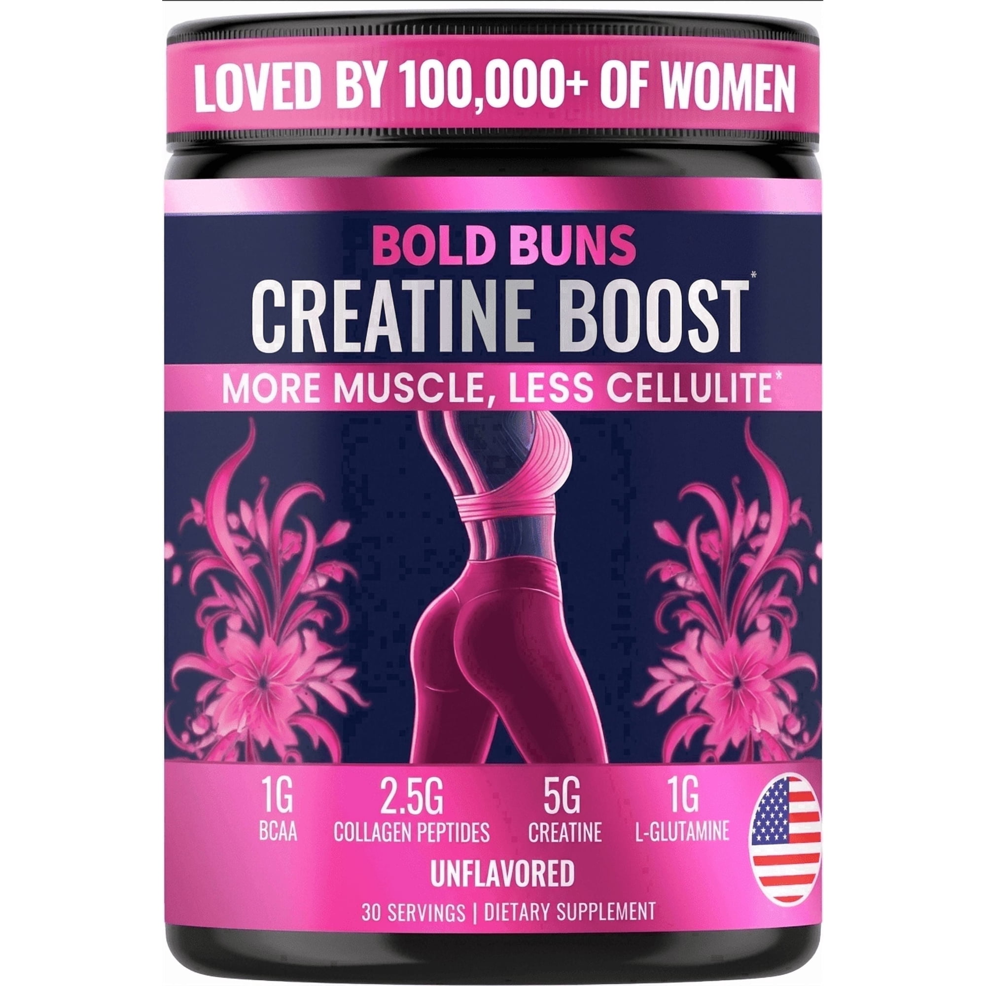 Bold Buns Creatine for Women – Supplement with Collagen & BCAA – Supports Muscle Development, Post-Workout Recovery, Skin Elasticity, Healthy Hair & Nail (30 Servings - Unfavored)